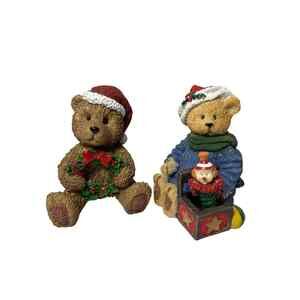 lot of 2 Vintage Resin Christmas Bear Figurines Jack in the Box Wreath Unbranded
